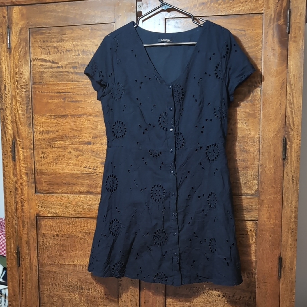 George Black Eyelet Cap Sleeve Cotton Mini Dress